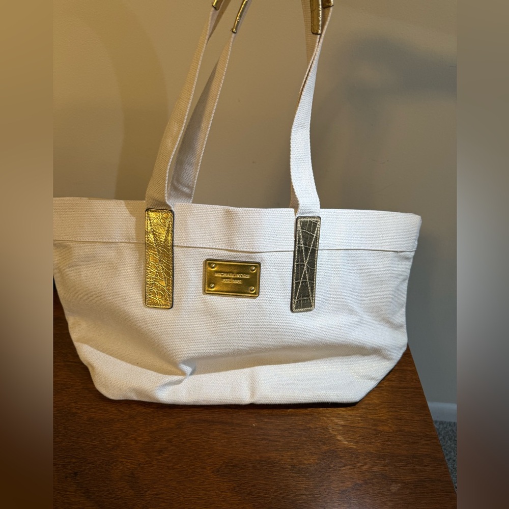 Michael Kors White and Gold Tote with Minimalist Design